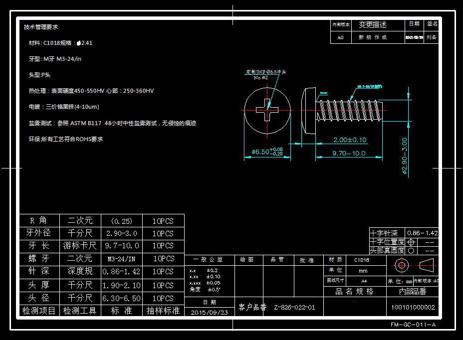 PB3.0-24/in*10.0（7.0g）螺丝参数图